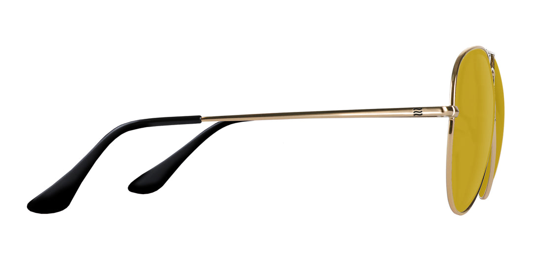 Side view of Goose prescription sunglasses showing slim gold metal frame, yellow lenses and black temple tips on white