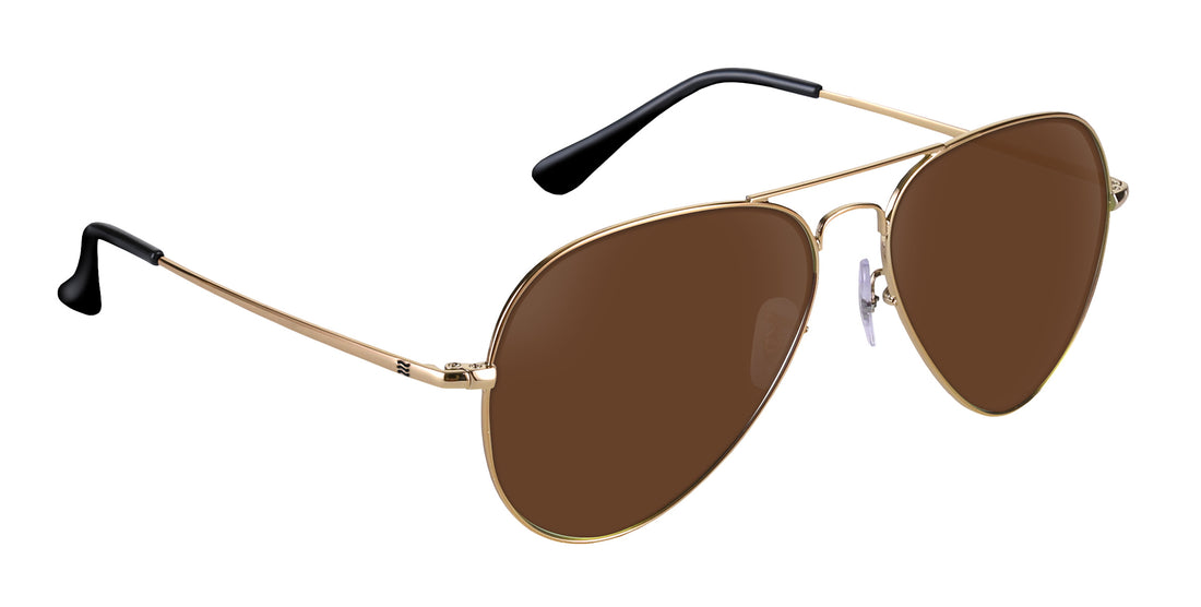 Angled close-up of Goose aviator sunglasses showcasing gold metal frame, brown prescription lenses, and black temple tips on white background