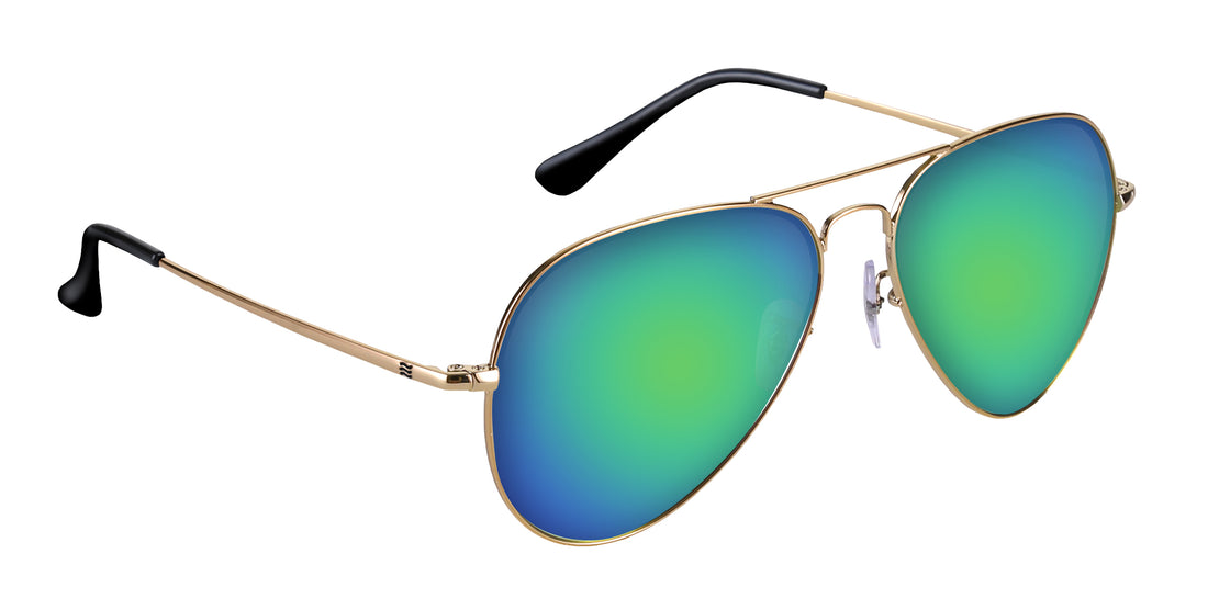 Three-quarter close-up of Goose aviator sunglasses with gold metal frame and blue-green mirrored lenses on white background