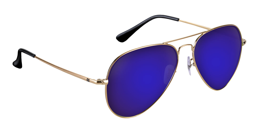 Close-up three-quarter view of Goose aviator sunglasses with gold metal frame and purple mirrored Rx lenses on white