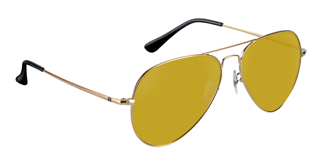 Three-quarter close-up of Goose aviator sunglasses showing gold metal frame and yellow prescription lenses with white background