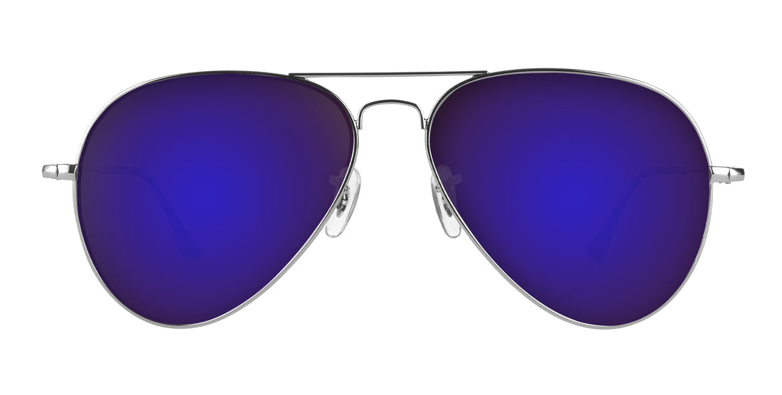 Close-up front view of H2O aviator sunglasses with silver frame and purple mirrored prescription lenses on white background