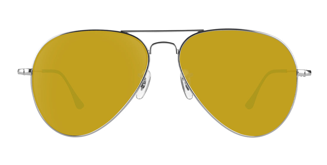 Close-up front view of H2O sunglasses showcasing silver metal double-bridge frame and yellow lenses with white background