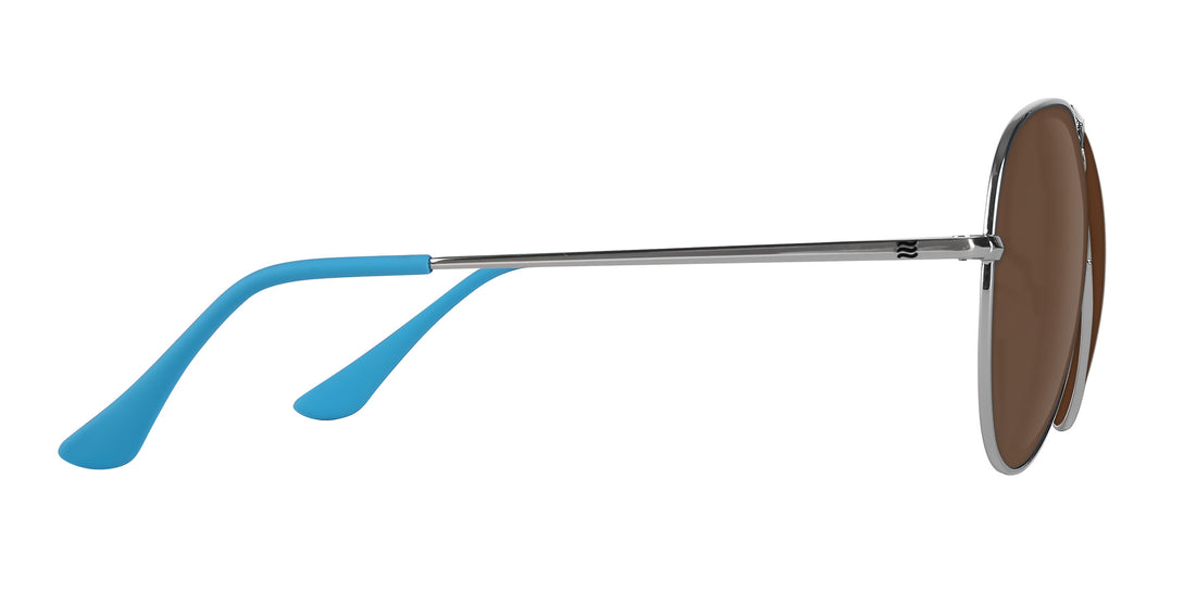 Side view of H2O prescription aviator sunglasses showing silver metal frame, brown lenses, and blue temple tips on white background