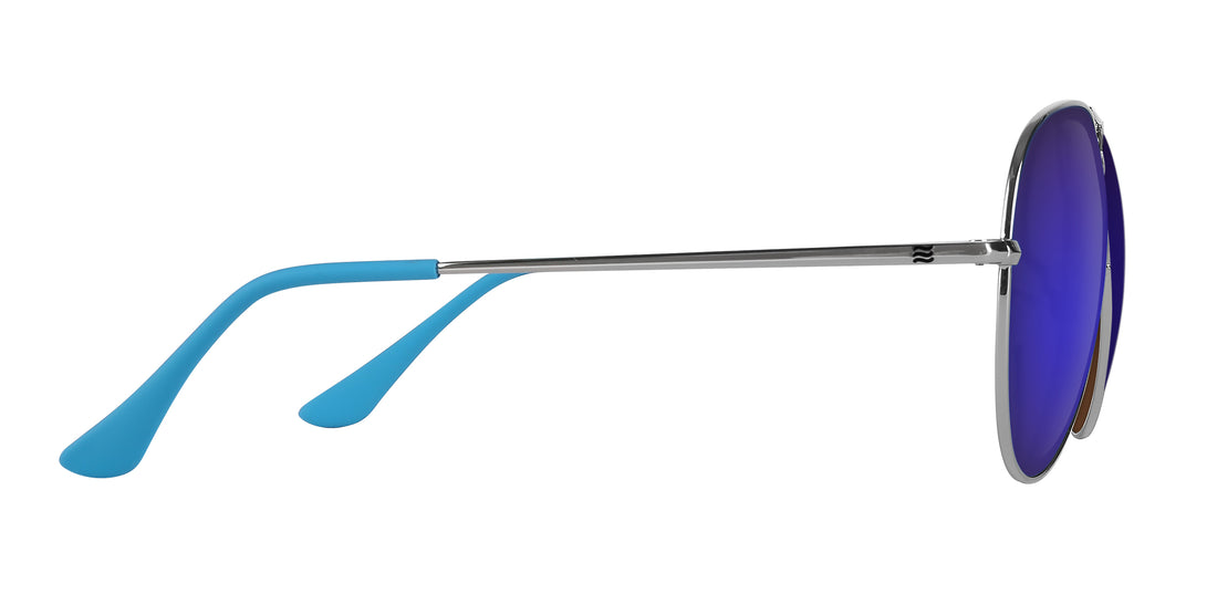 Side view of H2O prescription sunglasses showing silver metal frame, blue temple tips and purple mirrored lenses on white background