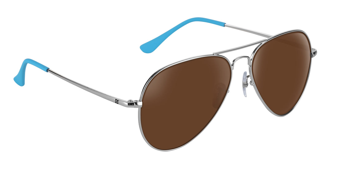 Three-quarter view of H2O silver prescription aviator sunglasses with brown lenses and blue temple tips on white background