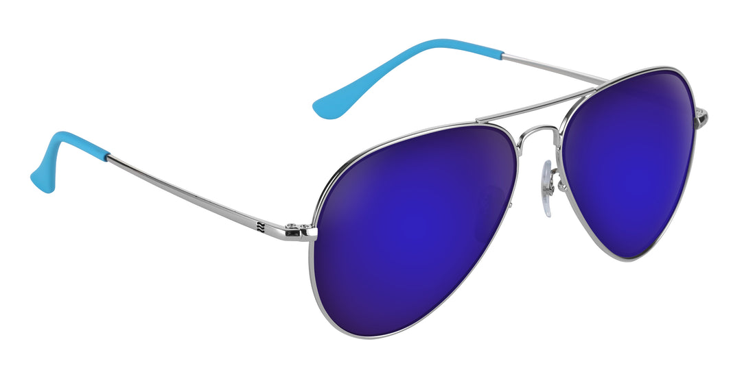 Close-up of H2O sunglasses, silver aviator frame, purple mirrored lenses and blue temple tips on white background
