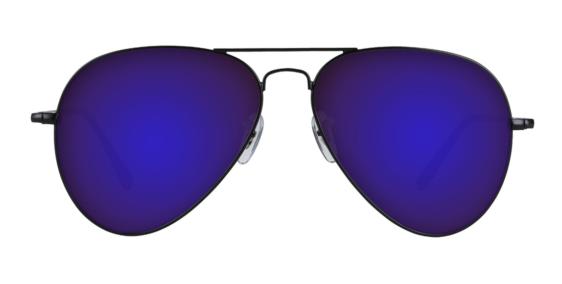 Front close-up of Nightfall sunglasses with purple mirrored lenses and black metal double-bridge on white background