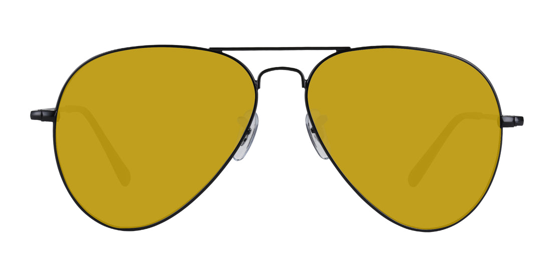Close-up front view of Nightfall aviator prescription sunglasses showing black metal frame, double bridge, and yellow lenses on white background