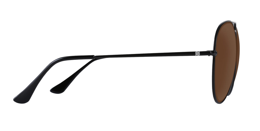 Side view of Nightfall aviator prescription sunglasses showcasing thin black metal temples and brown lenses on white background