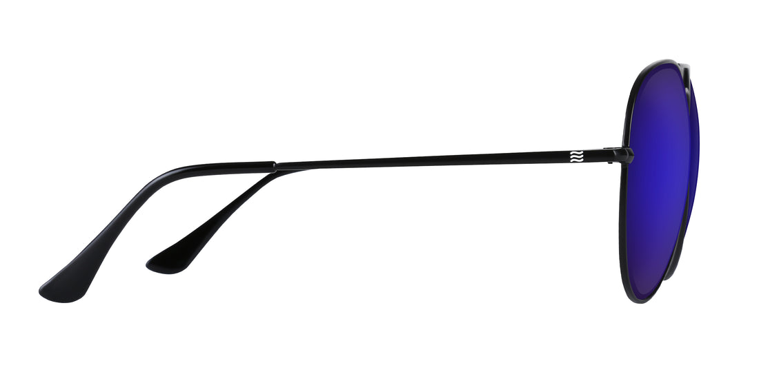 Side view of Nightfall prescription sunglasses showcasing thin black metal temples and purple mirrored lenses on white