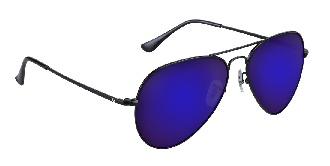 Angled view of Nightfall aviator prescription sunglasses with purple mirrored lenses, black metal frame on white background