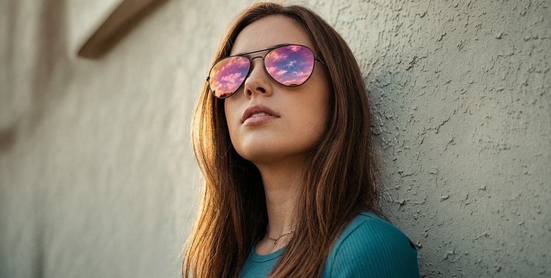 Close-up of Space Coast sunglasses showcasing black frames and pink-orange lenses on a woman against a textured wall