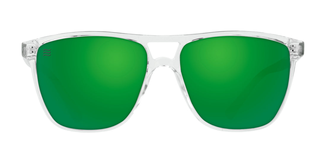 Front view of Hangar’s polarized sunglasses showcasing a clear frame and green mirrored lenses on white background