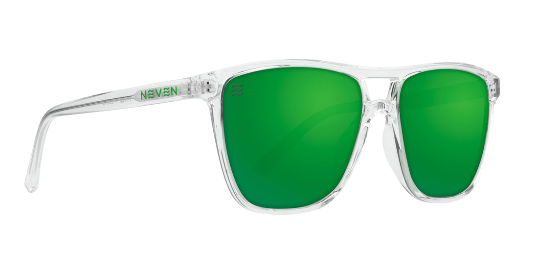 Front three-quarter view of Hangar’s polarized sunglasses showcasing a clear frame and green mirrored lenses on white background