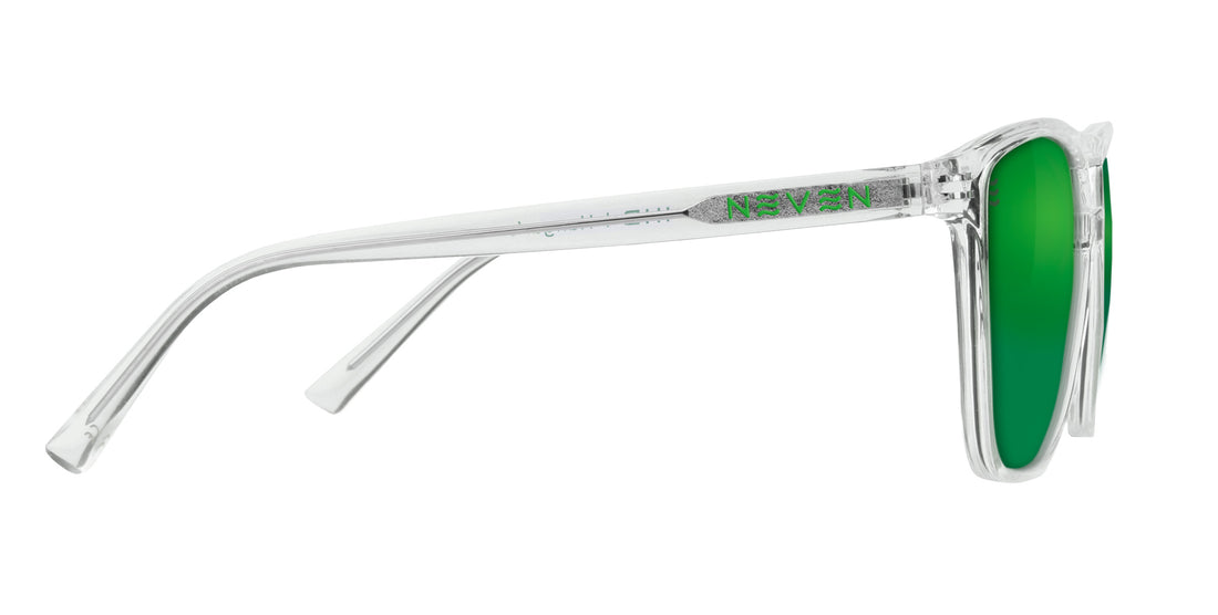 Side view of Hangar’s sunglasses showing translucent clear frame, emerald green polarized lenses, and Neven logo on the temple with white background