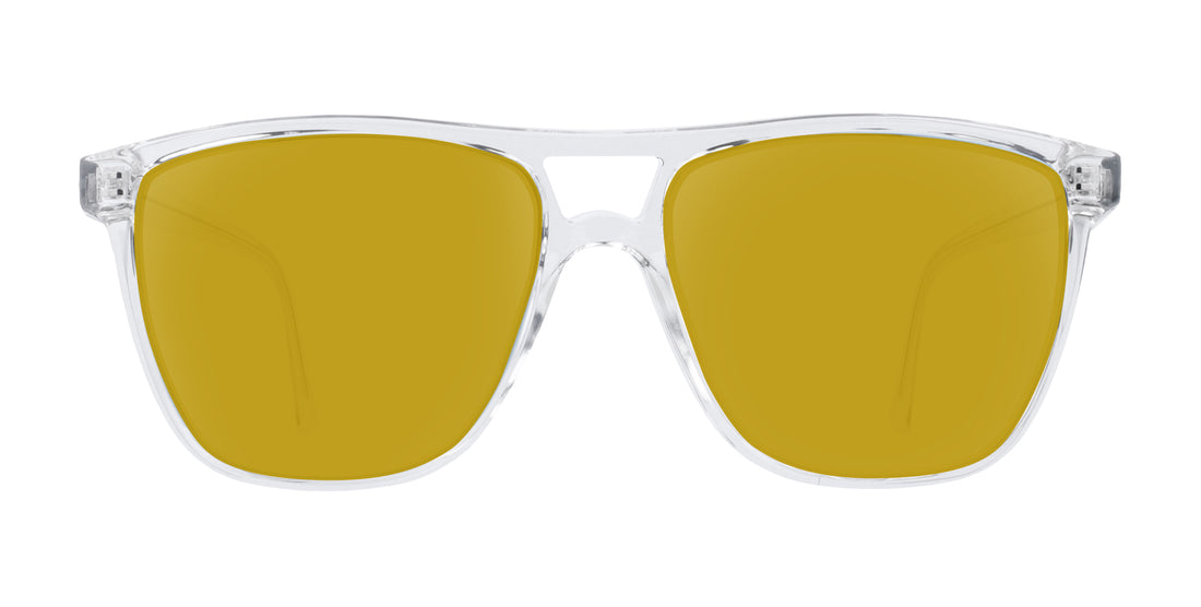 Front view of Lucid prescription sunglasses showing clear frame and yellow lenses on white background
