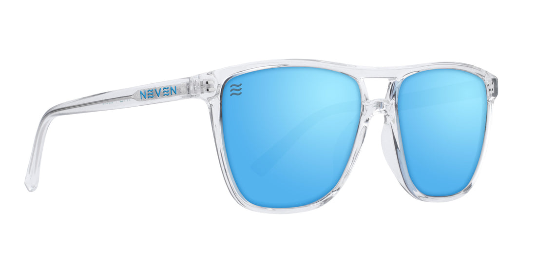 Right-side close-up of Lucid polarized sunglasses with clear rectangular frame and blue mirrored lenses on white background