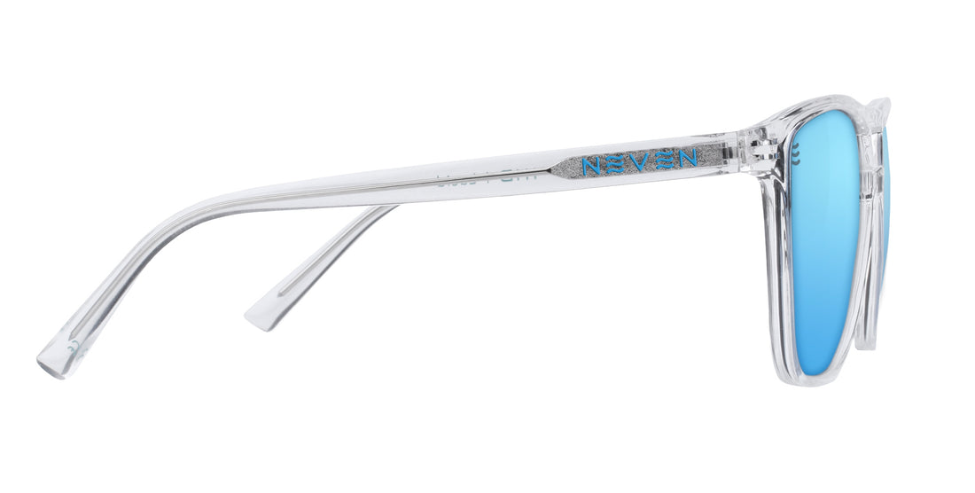 Side view of Lucid sunglasses showcasing clear rectangular frame, blue polarized lenses and NEVEN logo on temple on white background