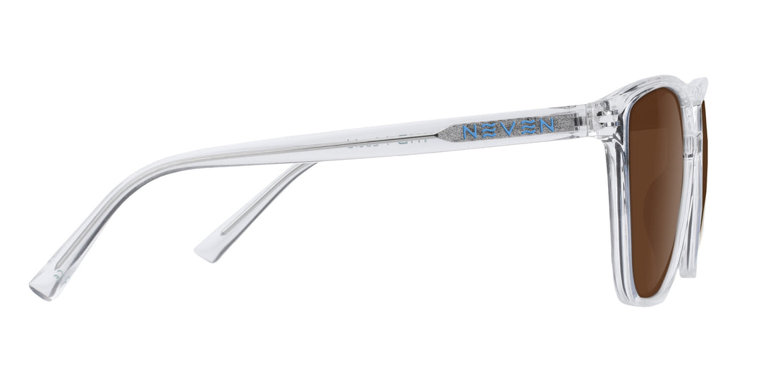 Side view of Lucid prescription sunglasses showcasing clear rectangular frame, brown lenses, and blue Neven logo on the temple with white background