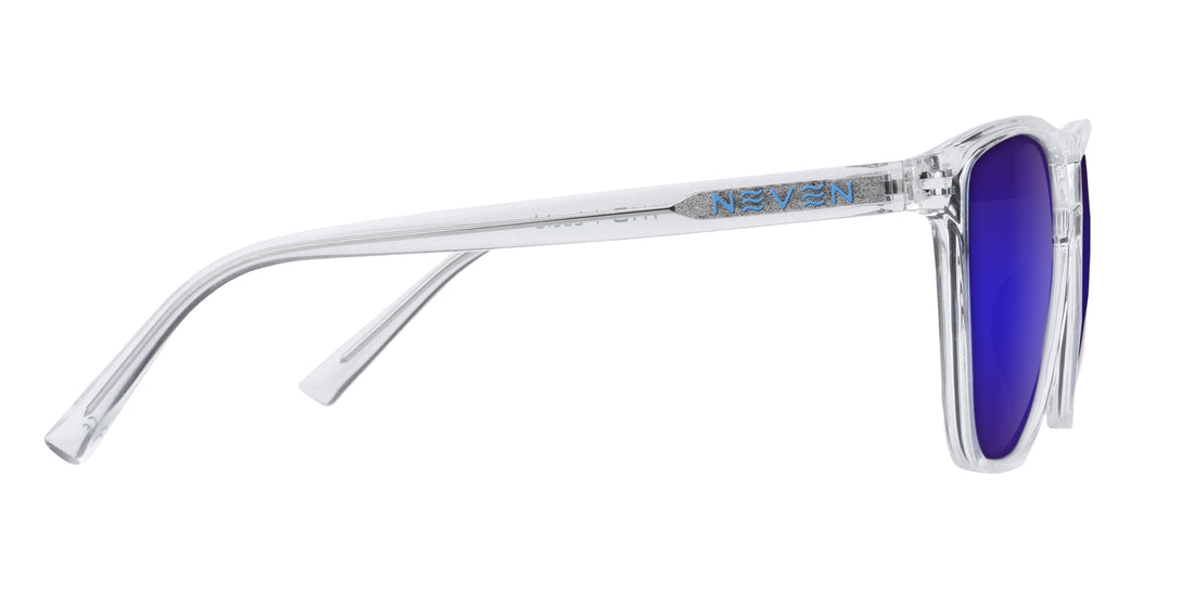 Side view of Lucid prescription sunglasses showcasing a clear frame, visible Neven temple logo, and purple blue mirrored lenses on a white background