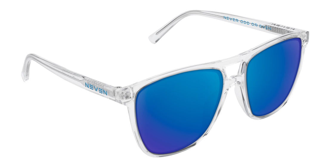 Three-quarter view of Lucid prescription sunglasses showcasing a clear frame and blue gradient lenses on a white background