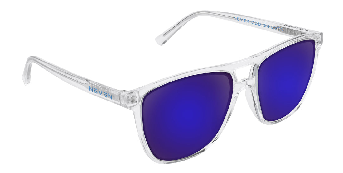 Angled close up of Lucid prescription sunglasses, clear frame and blue purple mirrored lenses, Neven logo, white background