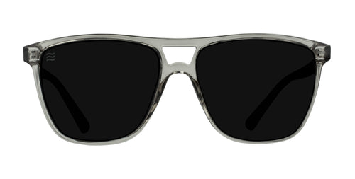 Rip Tide clear frames polarized sunglasses with black lenses.