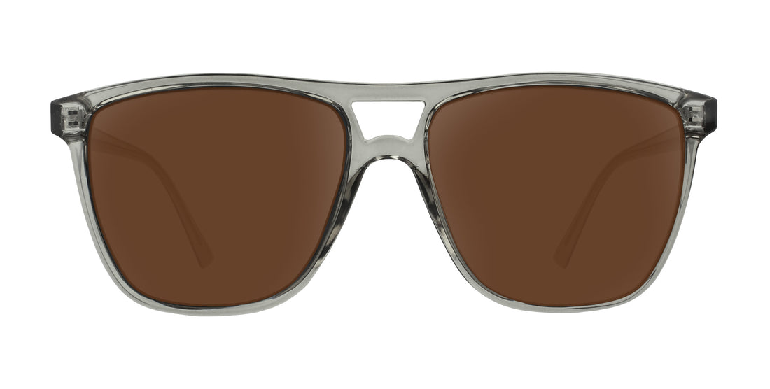 Front view of Rip Tide sunglasses showcasing translucent gray frame and brown prescription lenses on white background