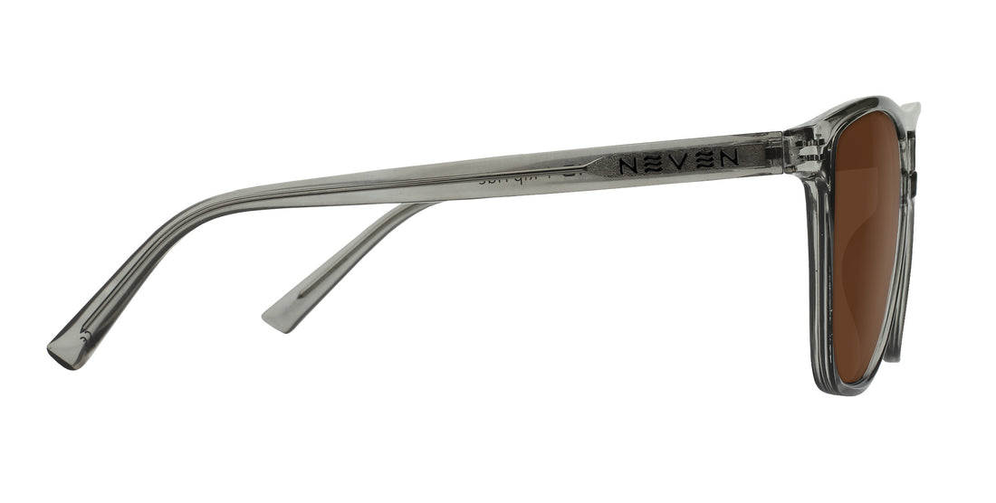 Side view of Rip Tide sunglasses showing right temple with NEVEN logo, clear gray frame and brown lens on white background
