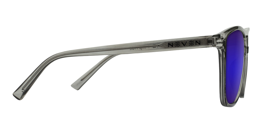Side view of Rip Tide prescription sunglasses showcasing translucent cool gray frame and purple mirrored lenses on white background