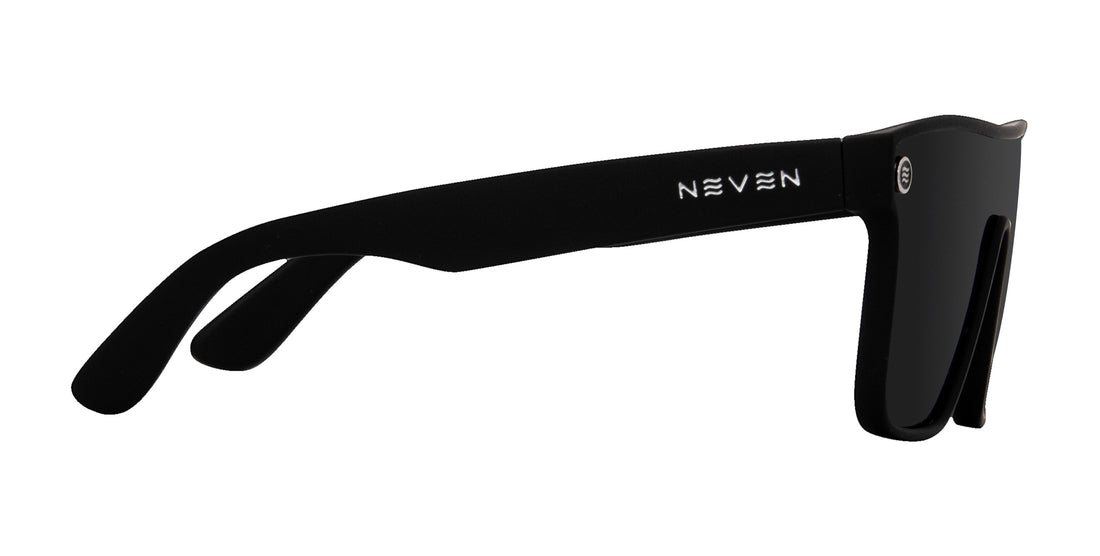 Close-up of right temple of Bold XL sunglasses showcasing black rubberized frame and Neven stainless-steel logo on white background