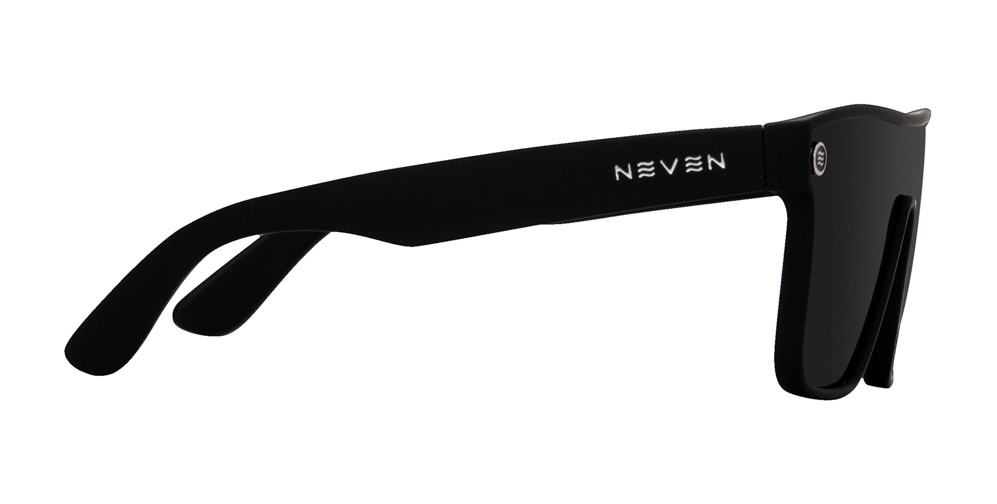 Close-up of right temple of Bold XL sunglasses showcasing black rubberized frame and Neven stainless-steel logo on white background