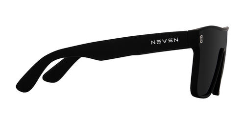 Close-up of right temple of Bold XL sunglasses showcasing black rubberized frame and Neven stainless-steel logo on white background