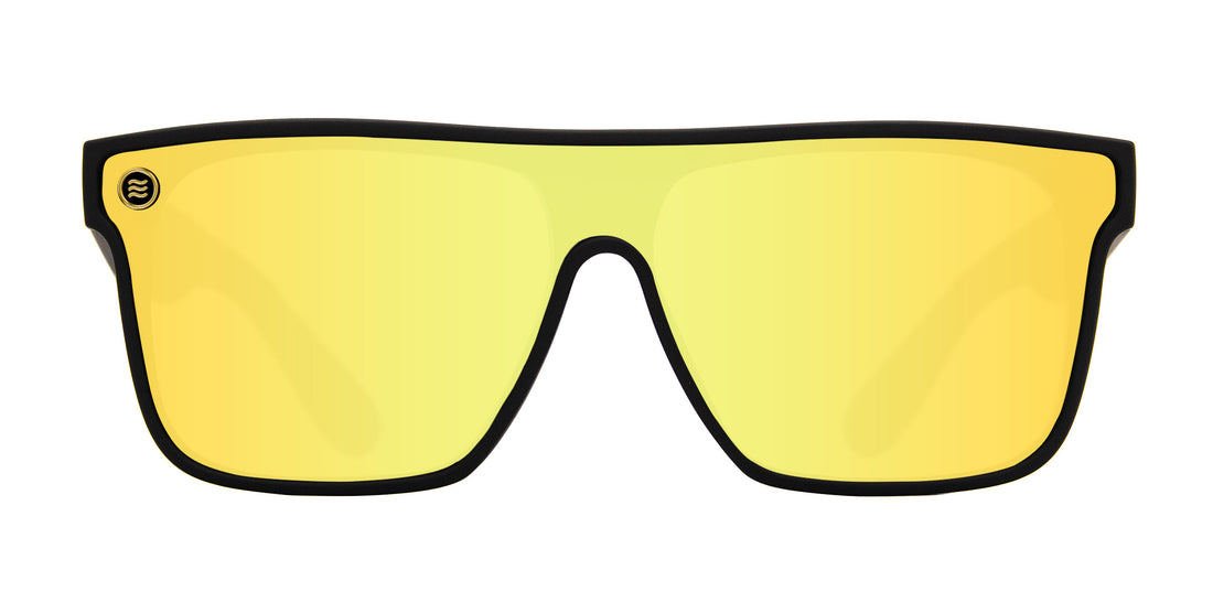 Front view of CWM XL sunglasses showcasing a yellow shield lens with a black frame on a white background