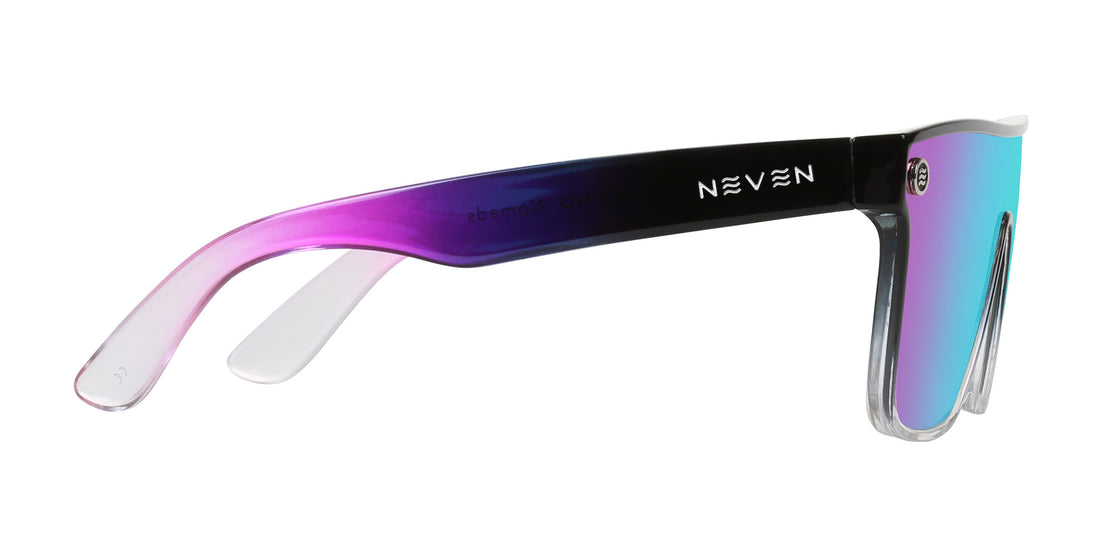 Close-up side view of Nomads XL sunglasses showcasing black-to-purple gradient temple with Neven logo and blue-purple mirrored lens on white background