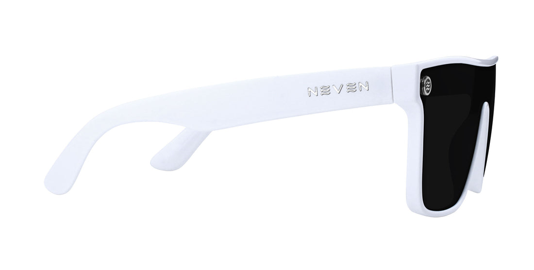 Side close-up of Permafrost XL sunglasses showing white gloss temple with Neven metal logo and black polarized lens