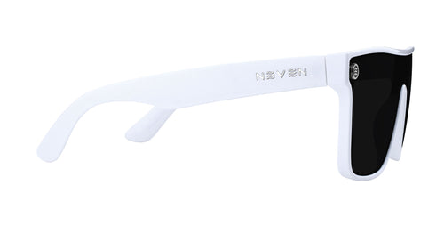 Side close-up of Permafrost XL sunglasses showing white gloss temple with Neven metal logo and black polarized lens