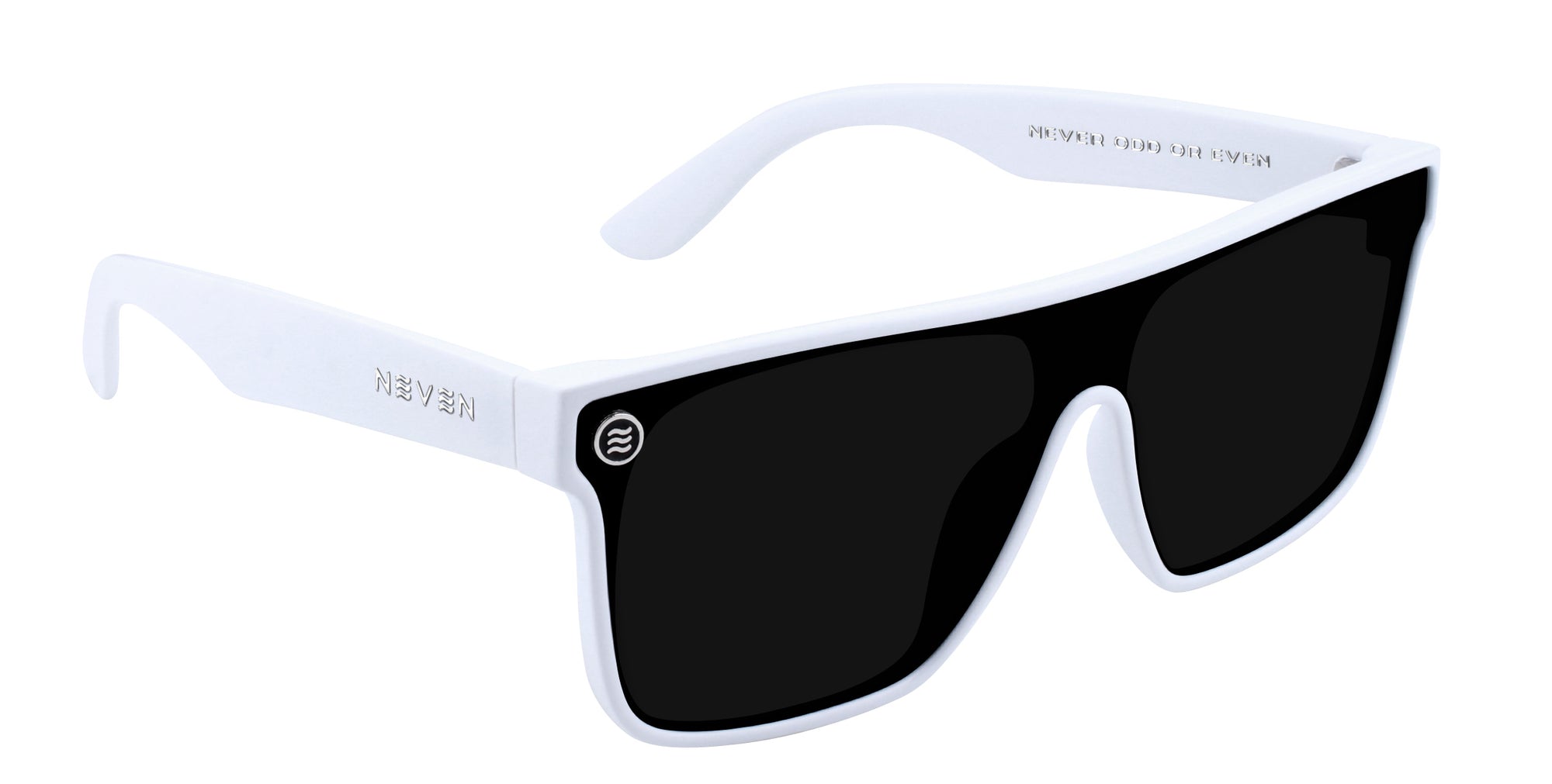 Right close-up of Permafrost XL sunglasses showing gloss white frame, black polarized shield lens, and temple logo
