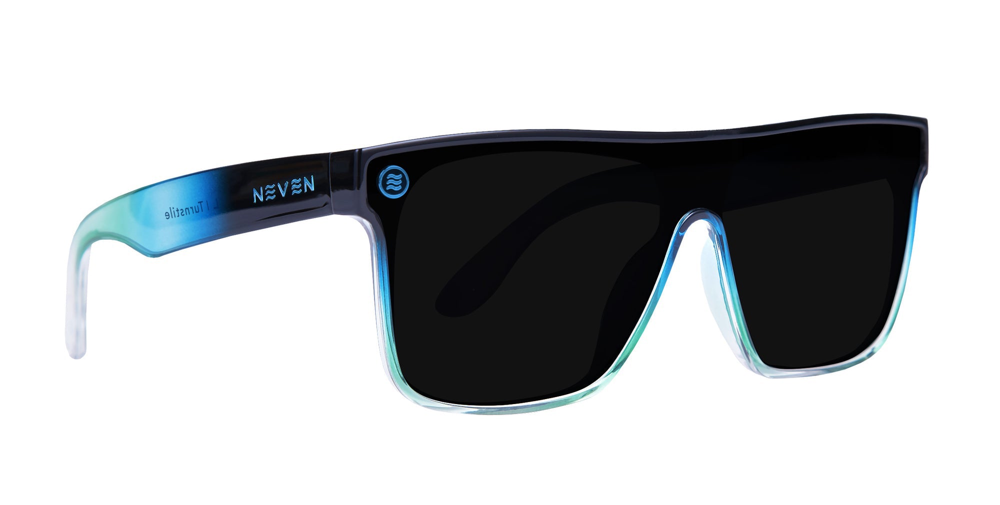Close-up front of Turnstile XL sunglasses with blue-green gradient frame and polarized black shield lens