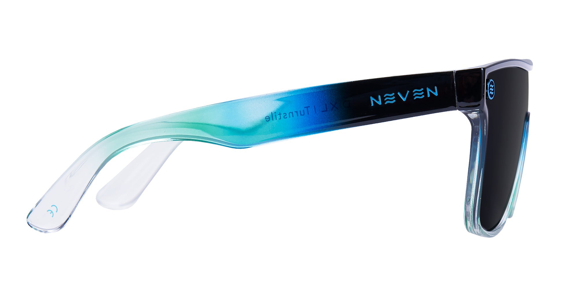 Side close up of Turnstile XL sunglasses showing blue green temple fade and Neven logo on white background