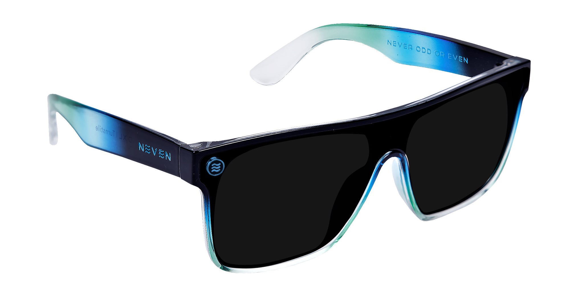 Close-up of Turnstile XL sunglasses showcasing gloss black-to-clear fade frame and black polarized lens on white background