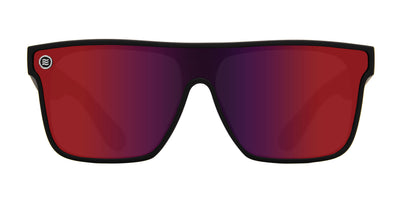 Front view of Zero Cool XL sunglasses showing black oversized frame and red mirrored polarized lens on white background