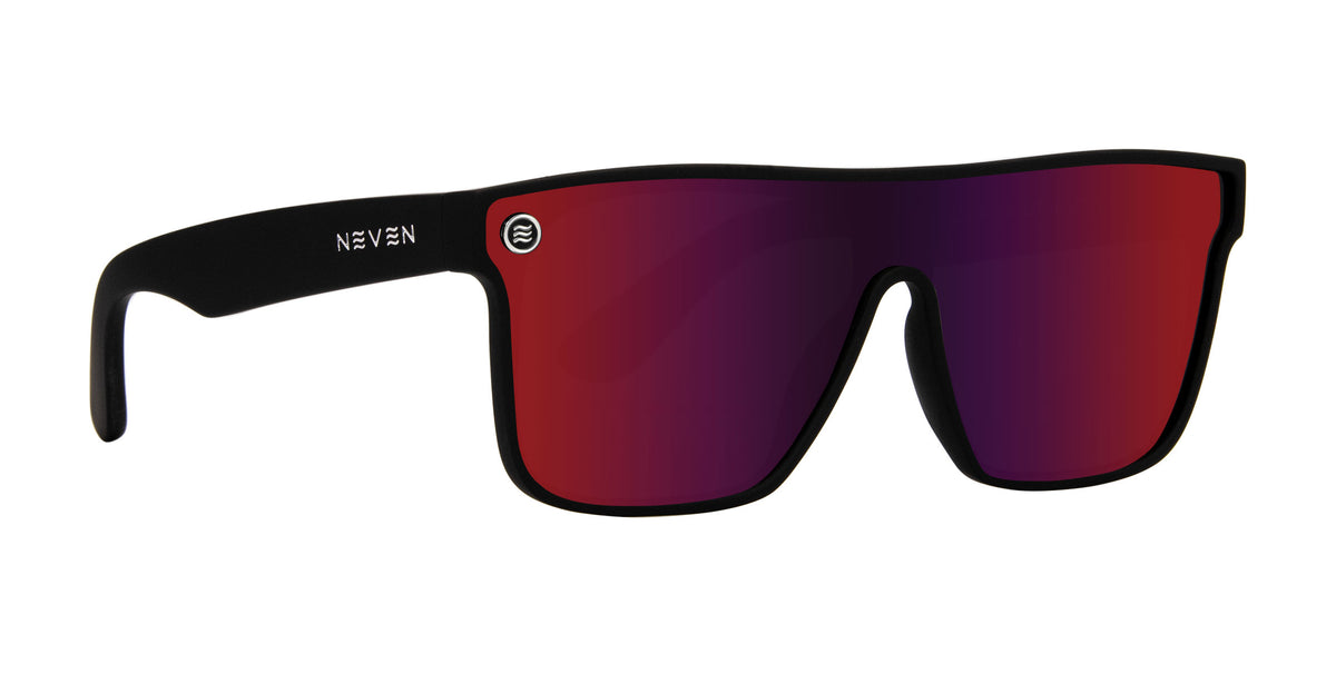 Front view of Zero Cool XL sunglasses showing black oversized frame and red mirrored polarized lens on white background