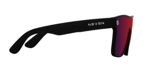 Side view of Zero Cool XL sunglasses showcasing black rubberized frame with Neven logo and red-orange mirrored polarized lens on white background