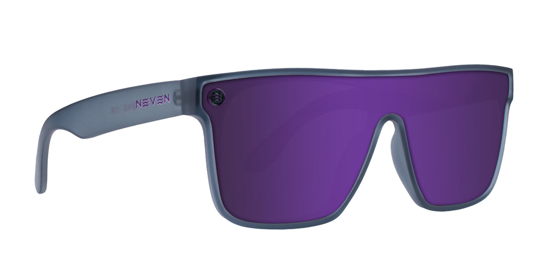 Front three-quarter view of 53X sunglasses showcasing a gray matte frame and purple mirrored lenses against a white background