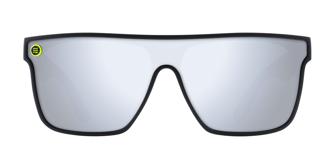 Front view of CJ polarized sunglasses showcasing a matte black frame and silver mirrored lens on a white background