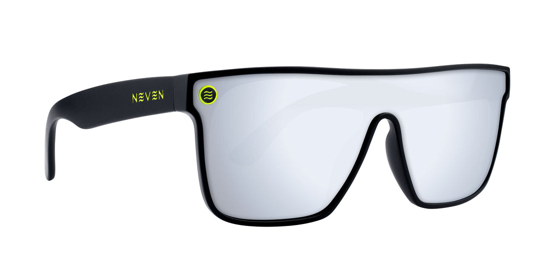 Right-side close-up of CJ Polarized Sunglasses showing matte black frame, mirrored polarized lens and neon yellow Neven logo