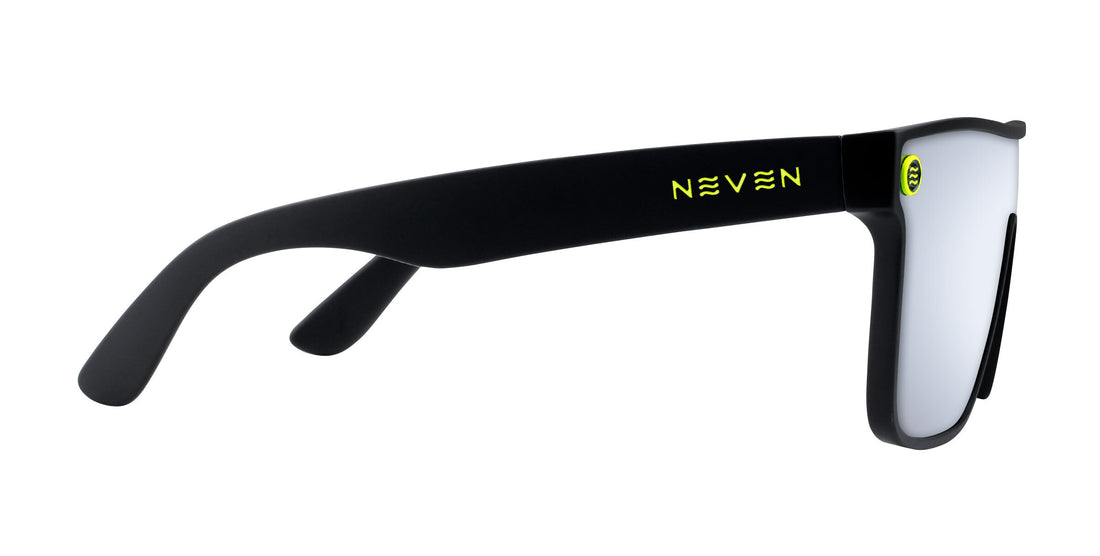 Side view of CJ sunglasses showing matte black temple with neon yellow NEVEN logo and silver polarized mirror lens on white background