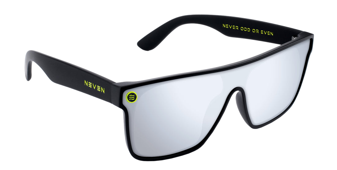 Close-up three-quarter view of CJ sunglasses with matte black visor frame, silver mirror lenses and Neven logo on white